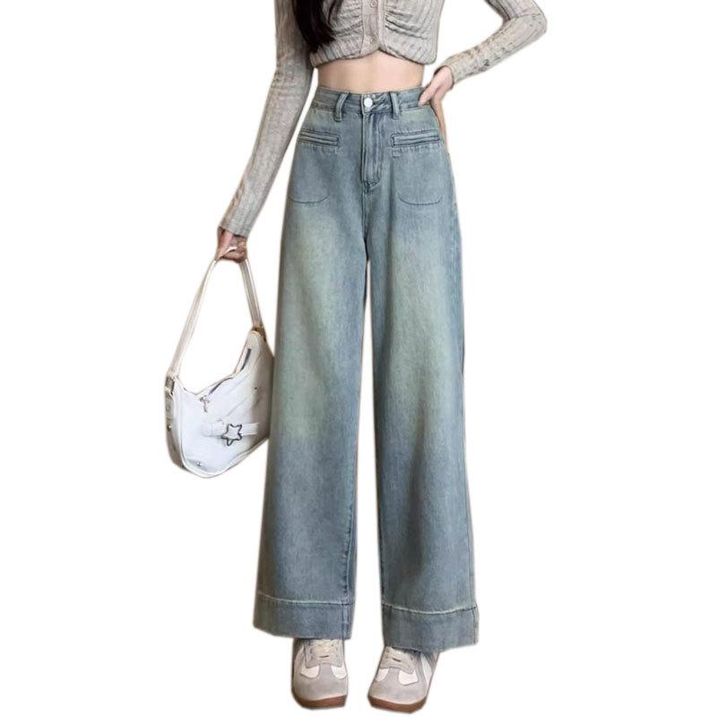 Large Size Wide Leg Jeans for Women Cropped Pants Loose High Waist Pocket Design Straight Leg Pants