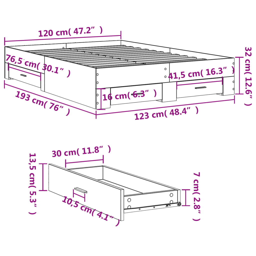 Bed Frame with Drawers Concrete Grey 120x190 cm Engineered Wood