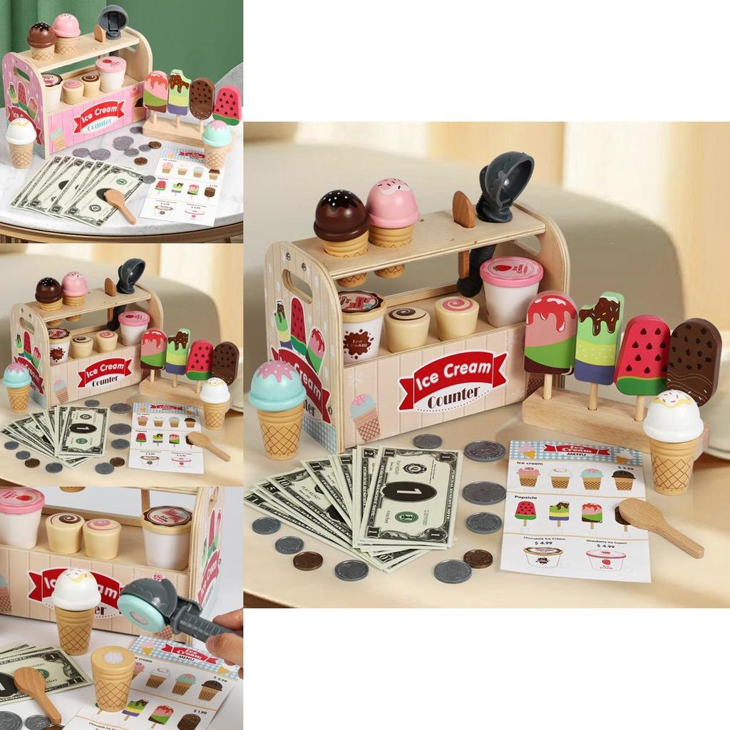 Wooden Childrens Play Kitchen Ice Cream Stand With Interactive Design For Kids Gift