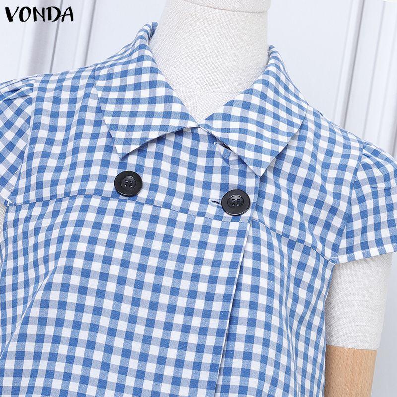 VONDA Two Picecs Sets Women Plaid Print Short Sleeve Blouse and Pants Casual Outfits