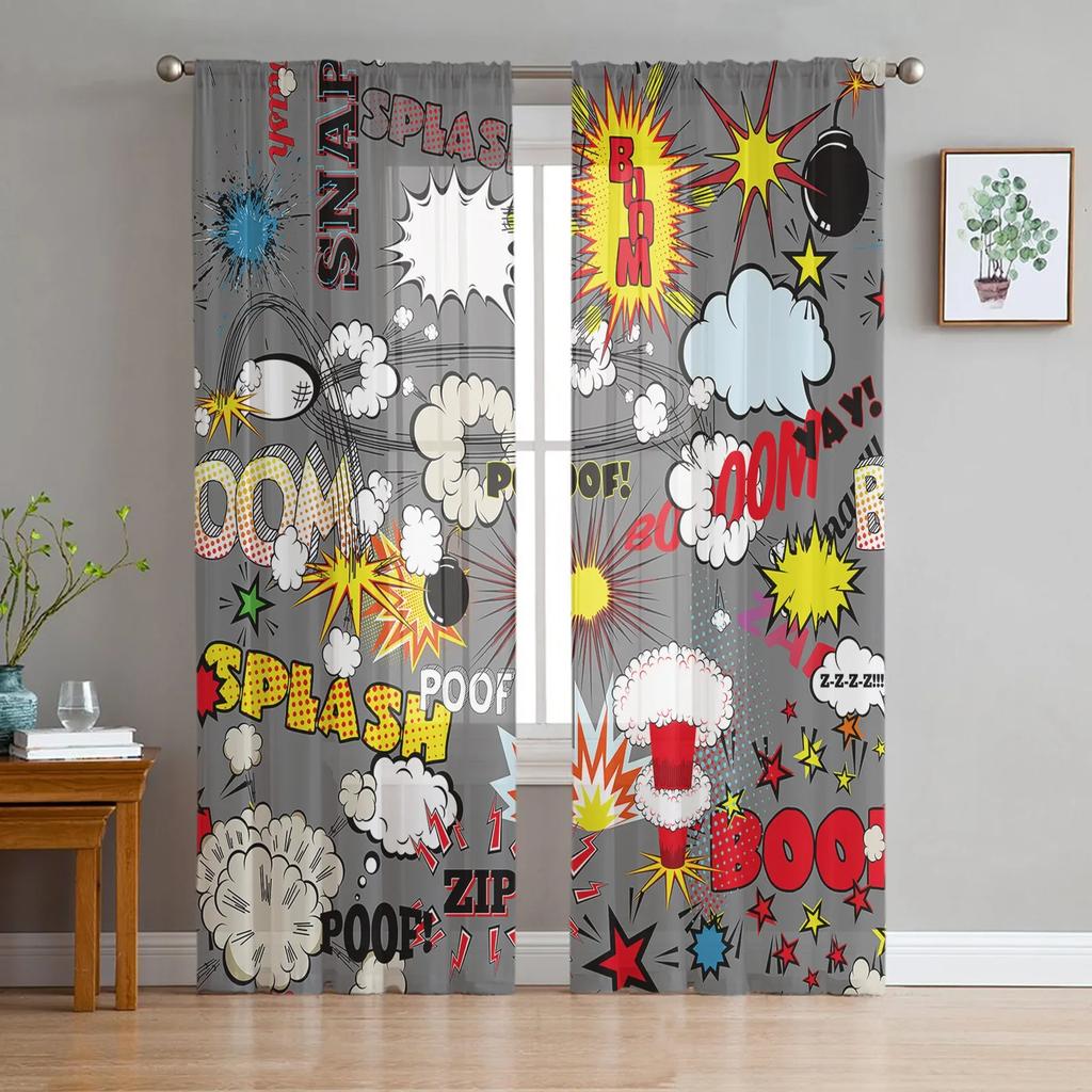 Dialog Box Explosion Tulle Curtains for Living Room Print Sheer Voile Curtain Bedroom Window Screening Drapes Blinds Home Decor