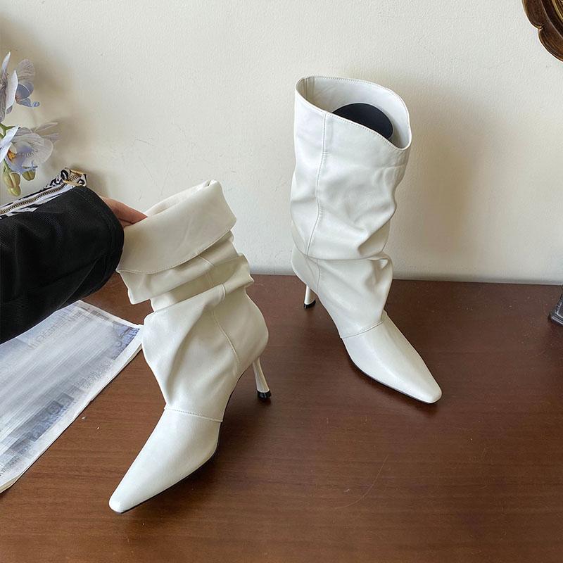 Fashion Fashion Pleated Ladies Modern Boots Shoes Thin Heels Footwear Pointed Toe Women Short Boots Female Slip On Shoes Pumps