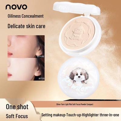 NOVO Silver Yarn Soft Focus Powder Cake: Long-Lasting, Oil-Control, Waterproof, Sweatproof, Non-Transfer Pressed Powder.
