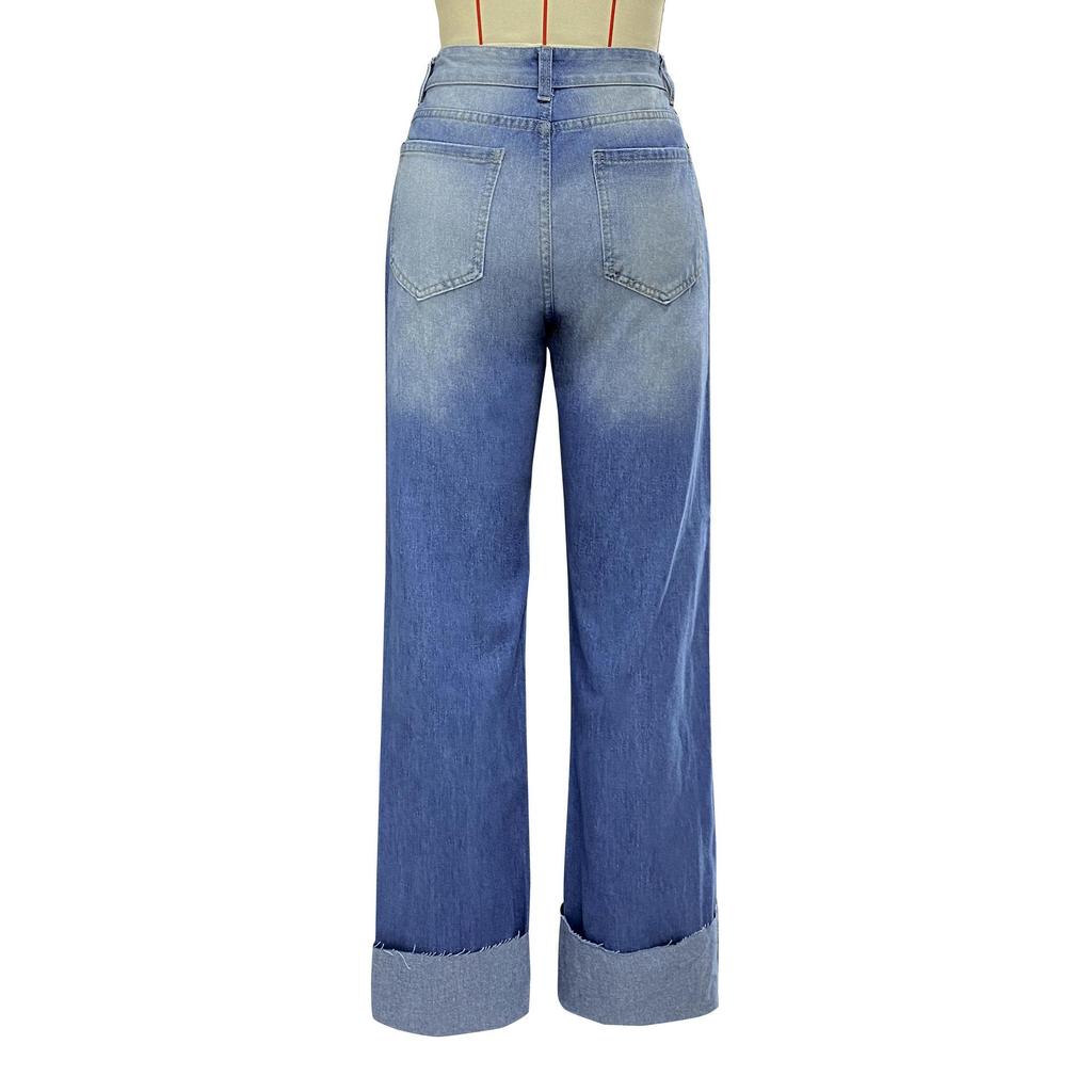 2025 Women's European Style Straight-Leg Ripped Jeans with Pockets