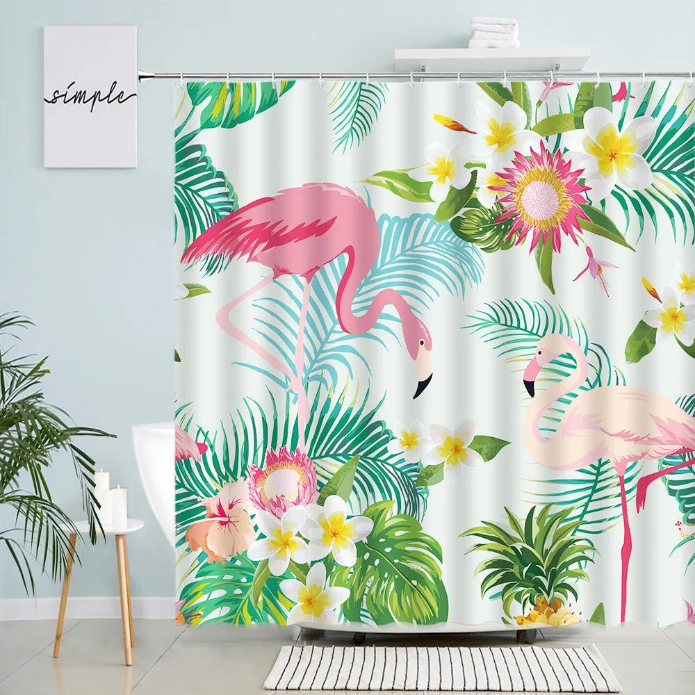 Boho Floral Shower Curtain, Hawaii Tropical Leaves Flower Bath Curtain Botanical Nature Summer Bathroom Decor Curtain with Hooks