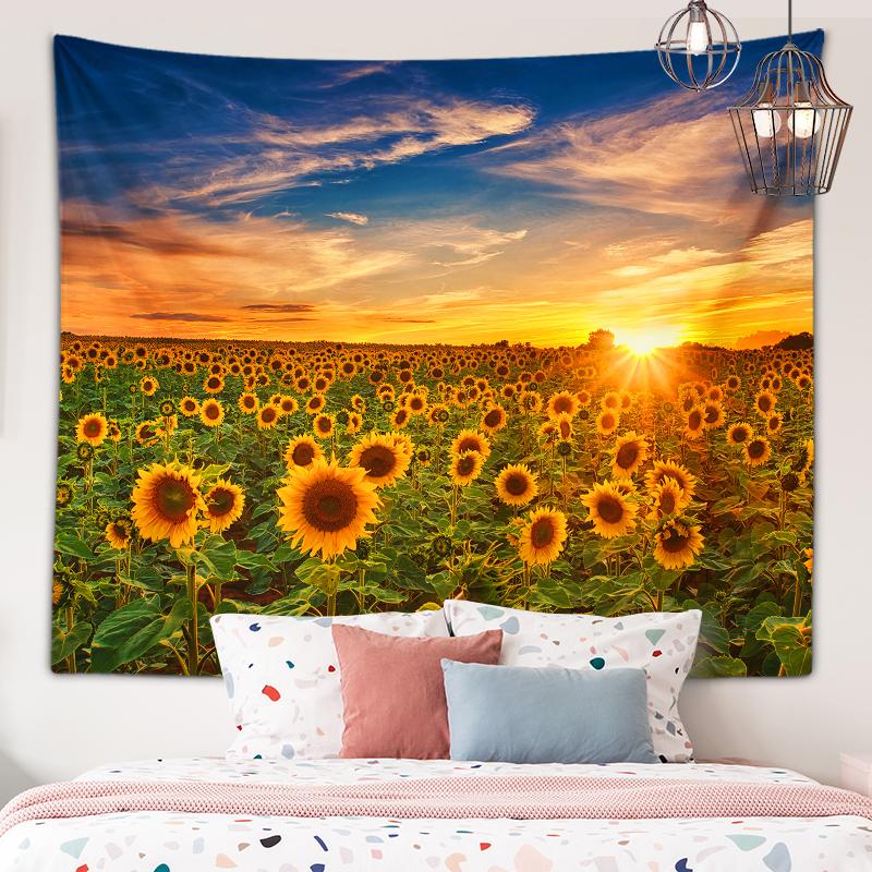 Tapiserie cu vedere la apus de soare la plajă, flori de floarea soarelui, artă de perete, tapiserie, decor estetic, pentru dormitor, sufragerie, decor acasă