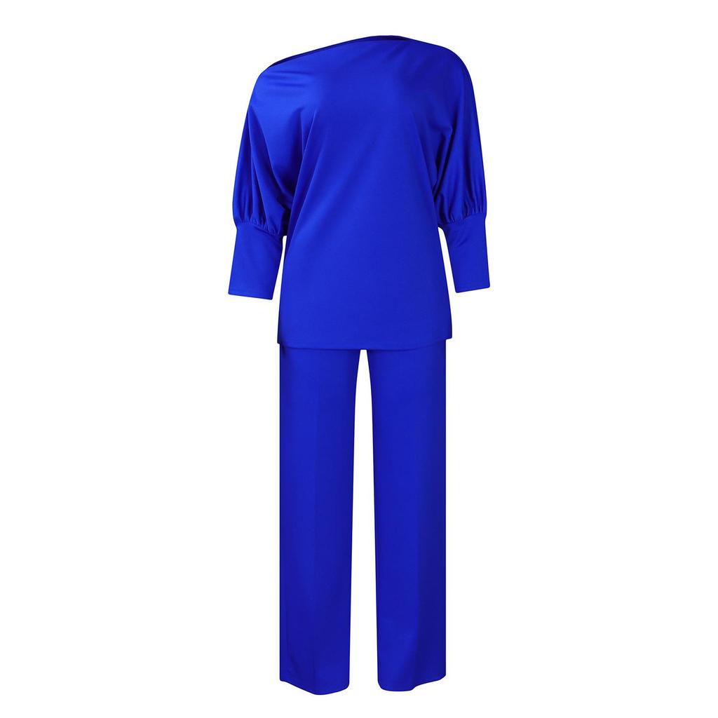 Women's Autumn Fashion Solid Slant Neck Top with Wide Leg Pants Set