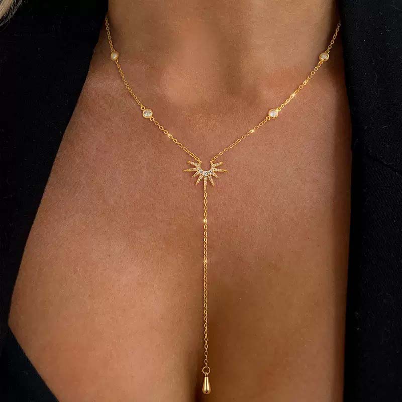 Fashion Gold Color Y-Shaped Pendant Necklaces For Women Girls Luxury Cubic Zirconia Long Tassel Dangle Choker Zircon Gift