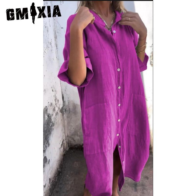 GMXIA Women's Fashion Summer Spring Solid Color Print POLO Neck High Waist Casual Dresses