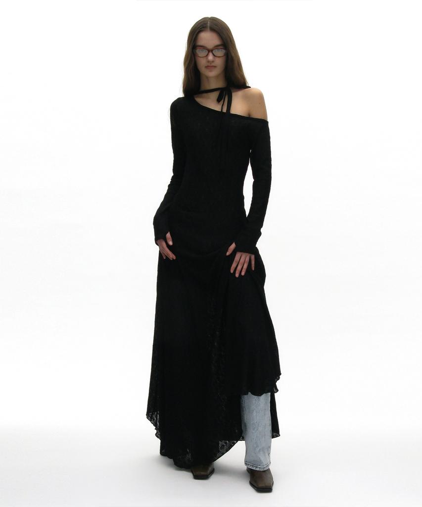 Partimento Woman Sheer Lace Tie-Neck Maxi Dress_Black