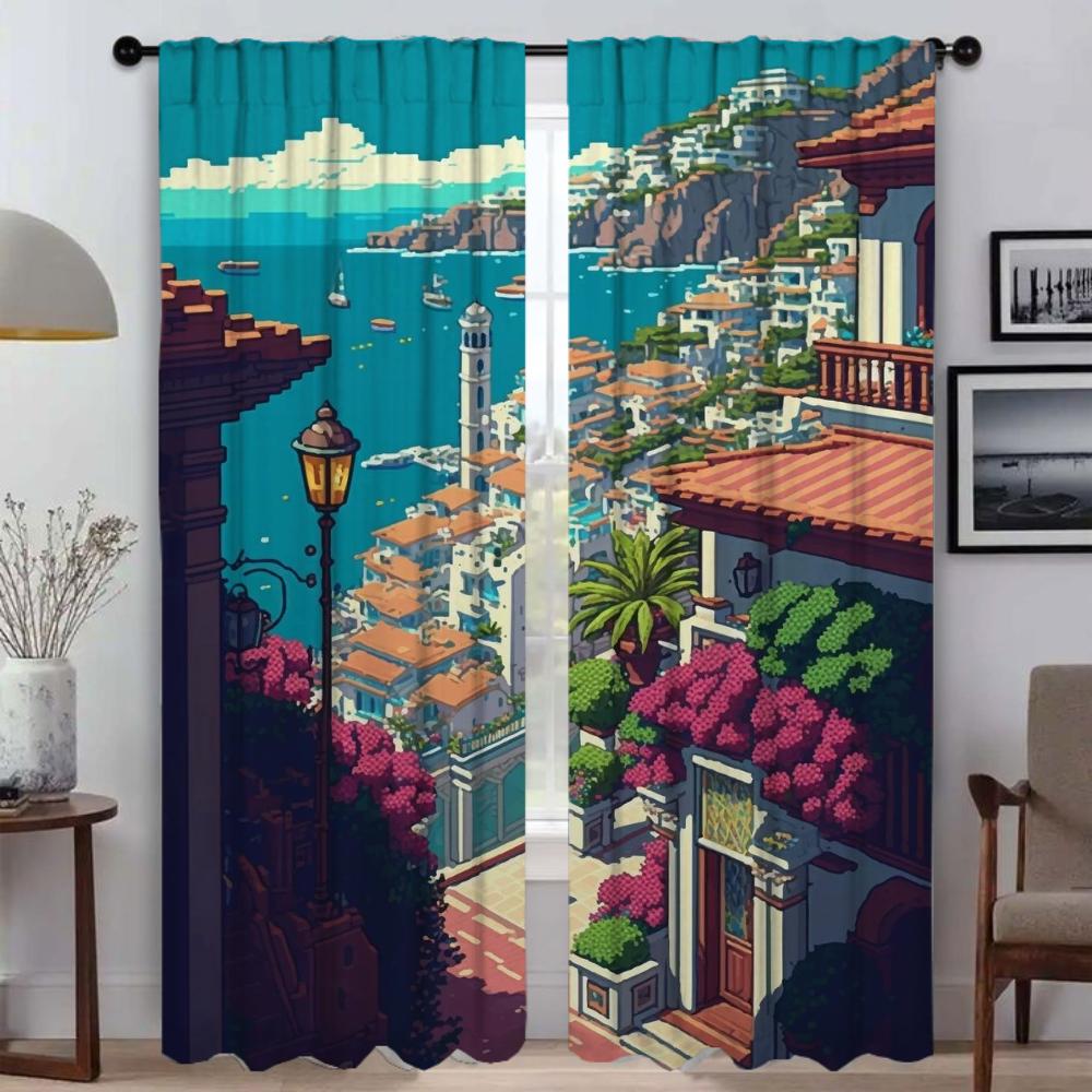 Cities Pixel Art Curtains Child Room Partition Blackout Curtain for Room 2 Panel Home Interior Curtains Shades Living Kitchen