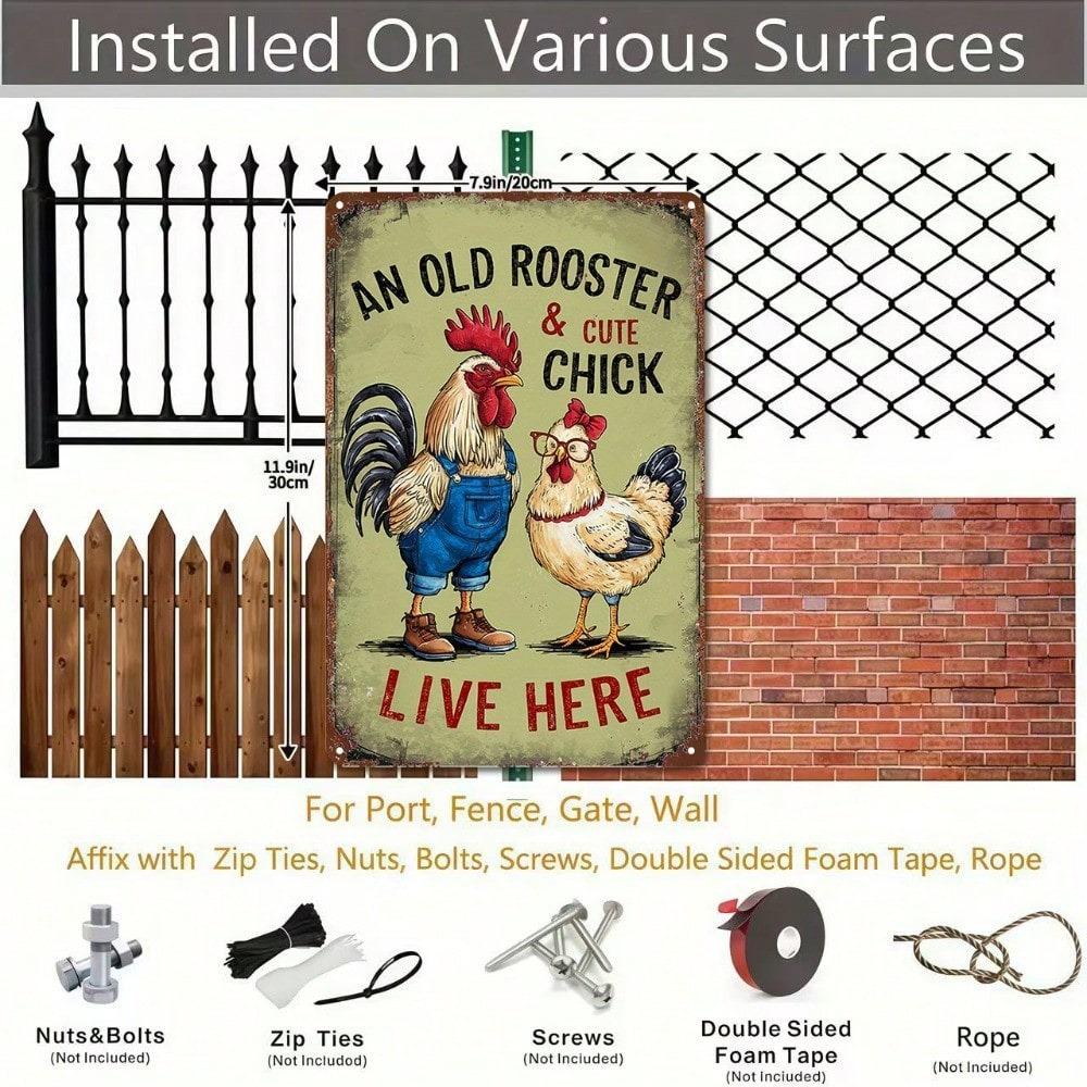 Rustic Chicken Metal Wall Art Sign - 8x12 Inch Vintage Rooster & Hen Iron Plaque, Weather-Resistant Indoor Decor