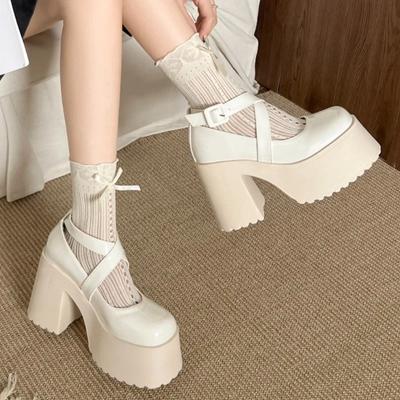 Super High Heel Einzelne Schuhe Herbst Neu Runde Zehenpartie Flacher Ausschnitt Ein Riemen Plateau Rutschfest Verschleißfest Mary Jane Schuhe