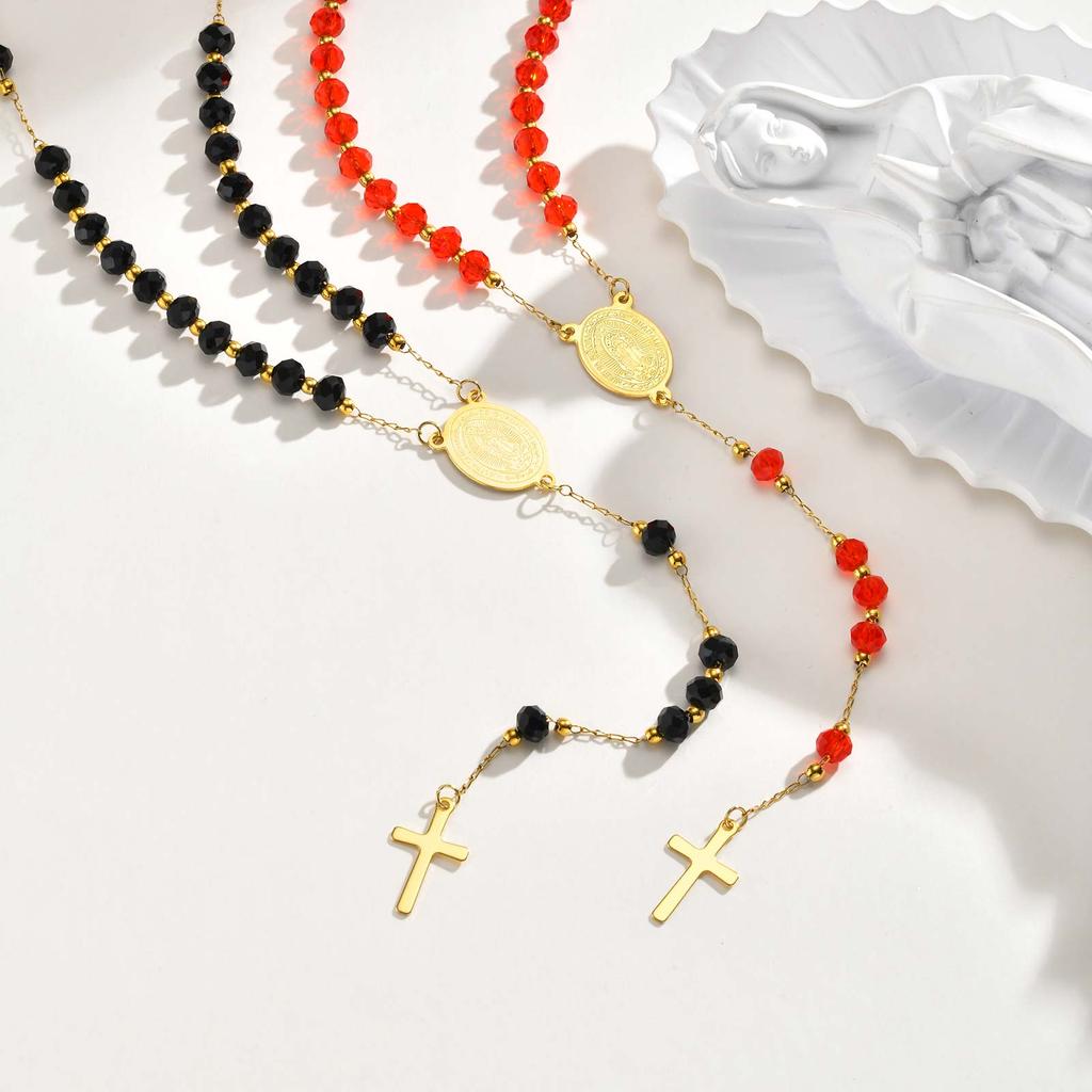 Religious Stainless Steel Virgin Mary Necklace Cross Pendant Colored Beads Chain Y-shaped Necklace for Women Pray Jewelry Gift