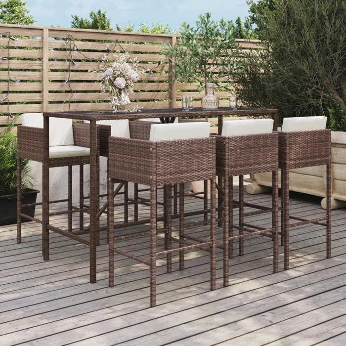 VidaXL Ensemble de bar de jardin avec coussins 7 pcs marron poly rotin, ensemble de table de bar, table et chaise de bar, 3200649