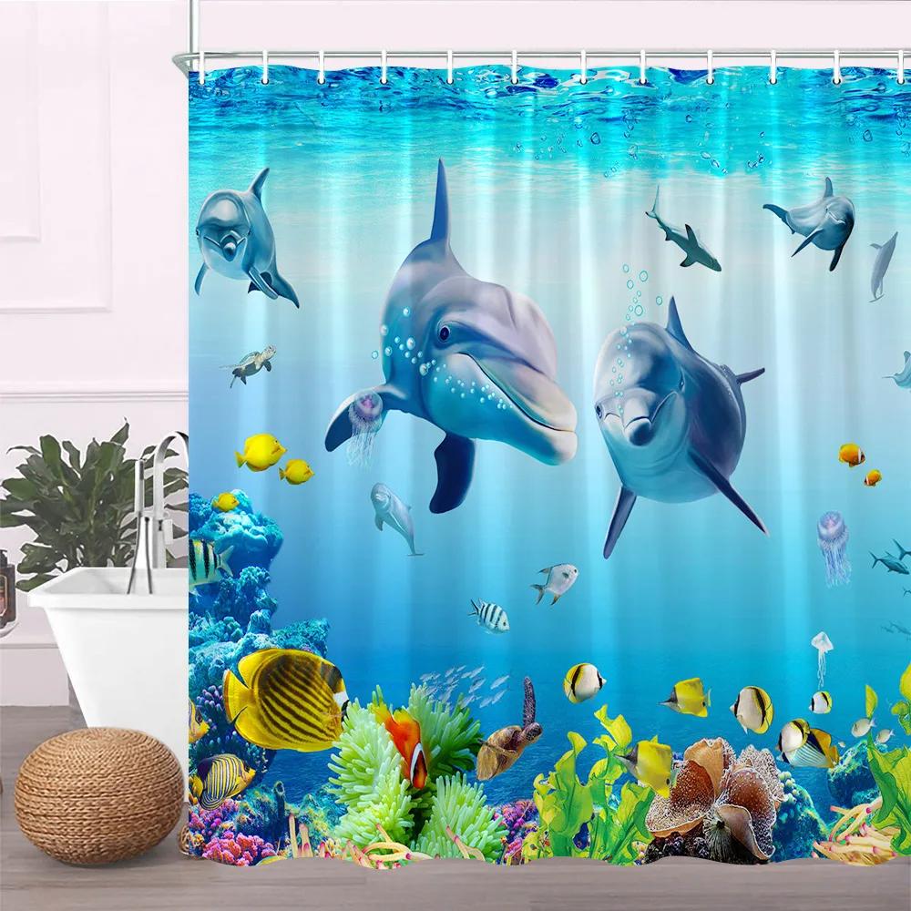 Ocean Duschvorhang Blau Duschvorhänge für Badezimmer Meerestier Polyester Unterwasserlandschaft Badezimmervorhang Set mit Haken