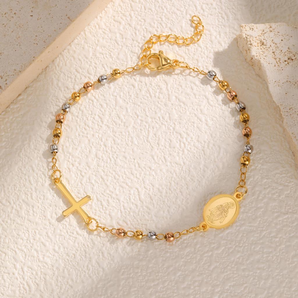 Heiliges dreifarbiges Rosenkranz-Kreuz-Armband für Damen, Edelstahl Goldfarbe Benedikt Runde Perlen Armbänder, Christentum Schmuck