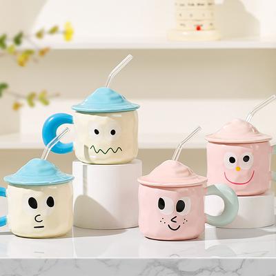 Large Capacity Cute Smiling Face Ceramic Cup Household Full Set of Mug Souvenir Gift Water Cup Straw Cup Simple Cup