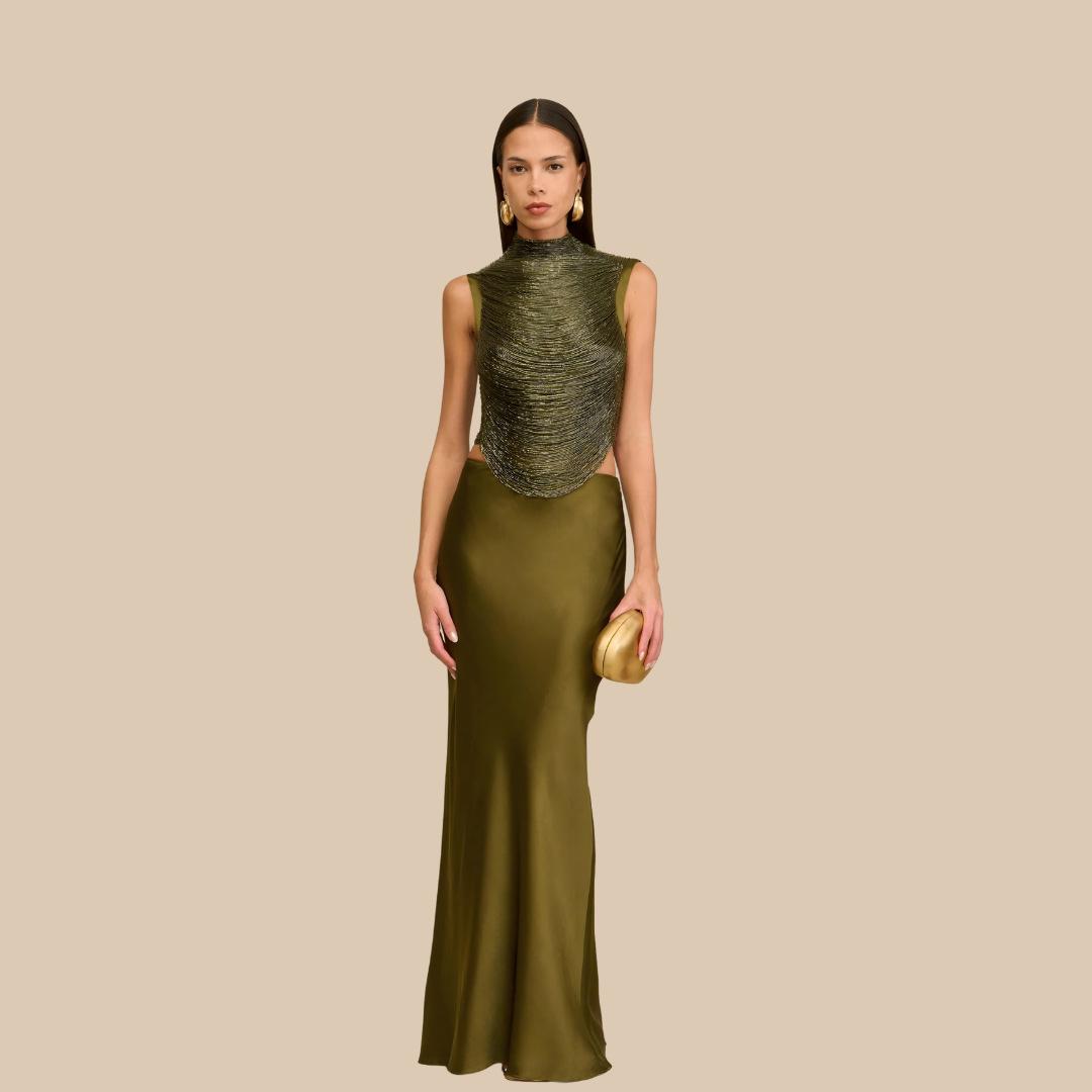 

Women s Premium Summer Two-Piece: Sleeveless High Neck Fringe Top & Silk Skirt Set Extra Large (XL)