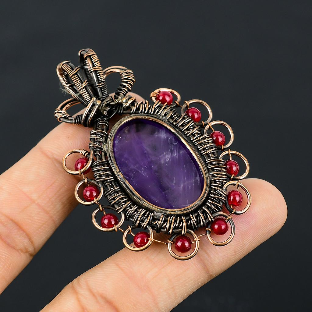 Natural Amethyst, Garnet Gemstone Handmade Copper Wire Wrap Pendant 2.56" R3z27