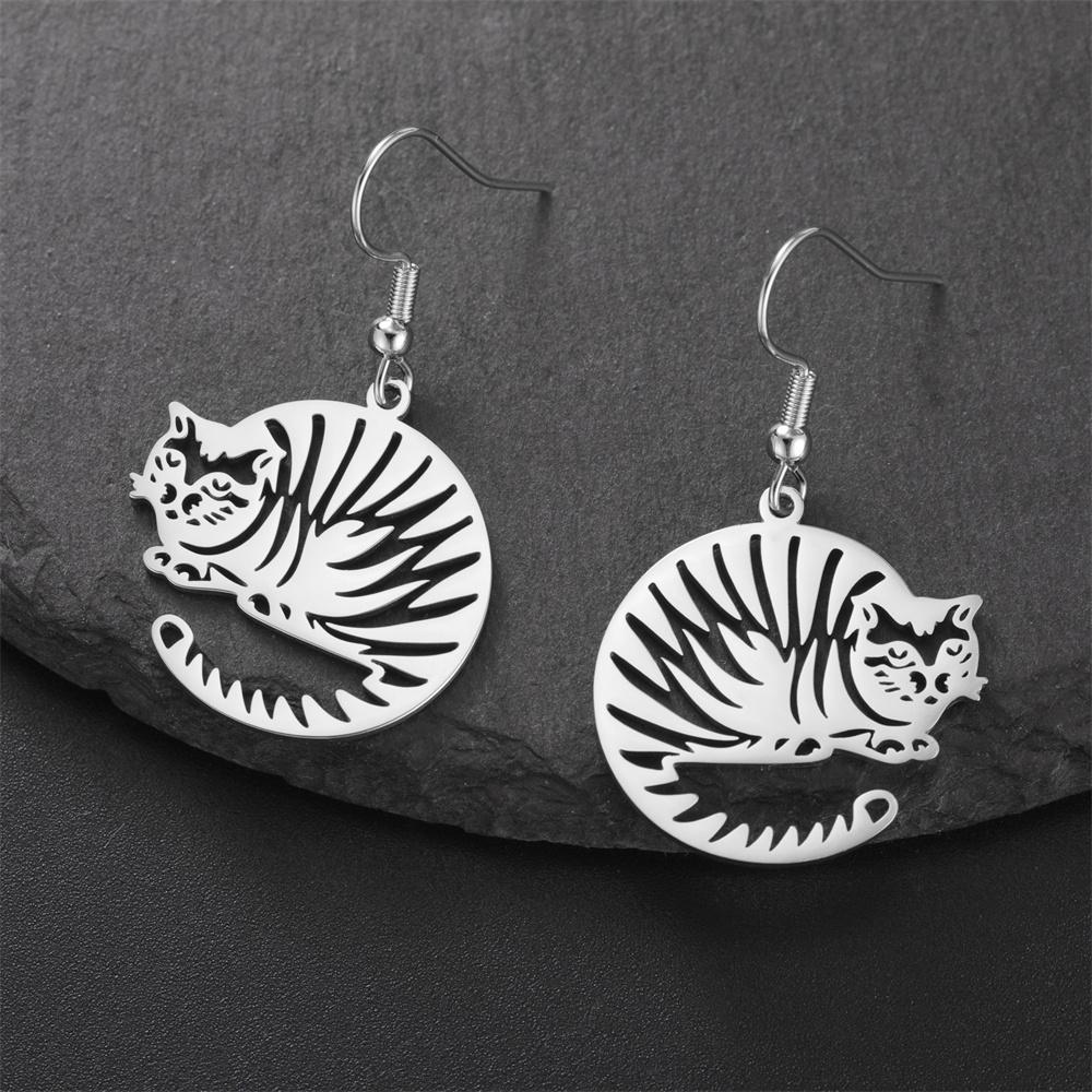 

My Shape Striped Cat Dangle Earrings for Women Tiger Striped Cat Drop Earrings Kitten Animal Pendant Stainless Steel Jewelry