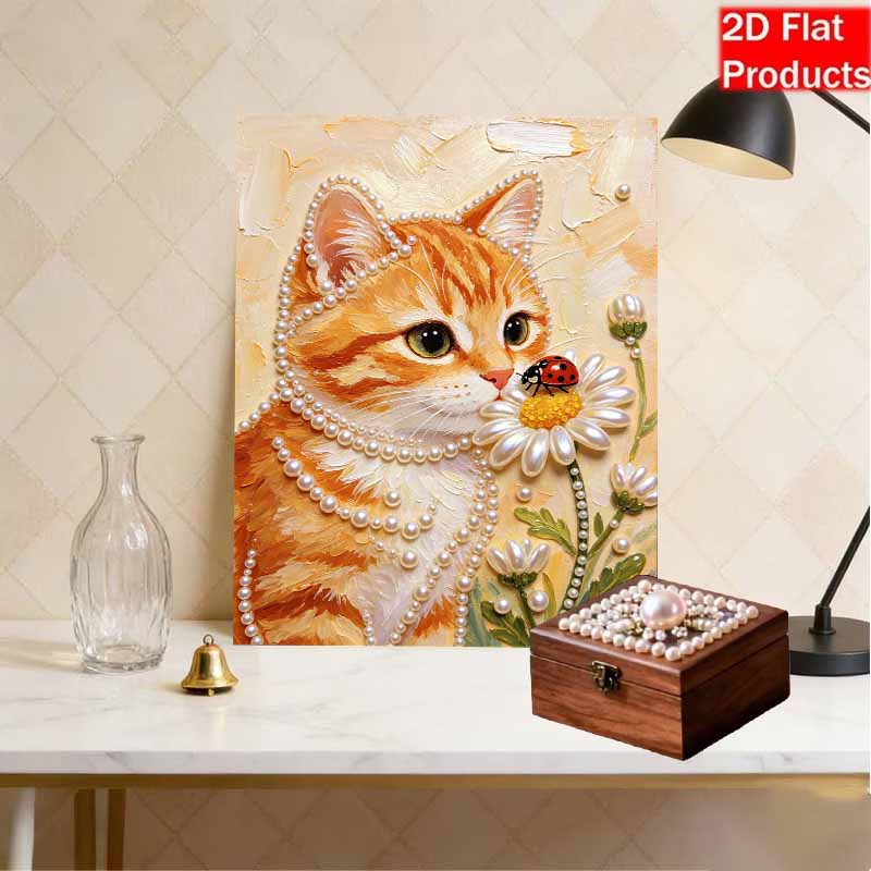 Frameless Pearl Painting Kit Cute Cat Pattern DIY 3D Bead Art Canvas Relaxing Handmade Craft for Adults Home Decor