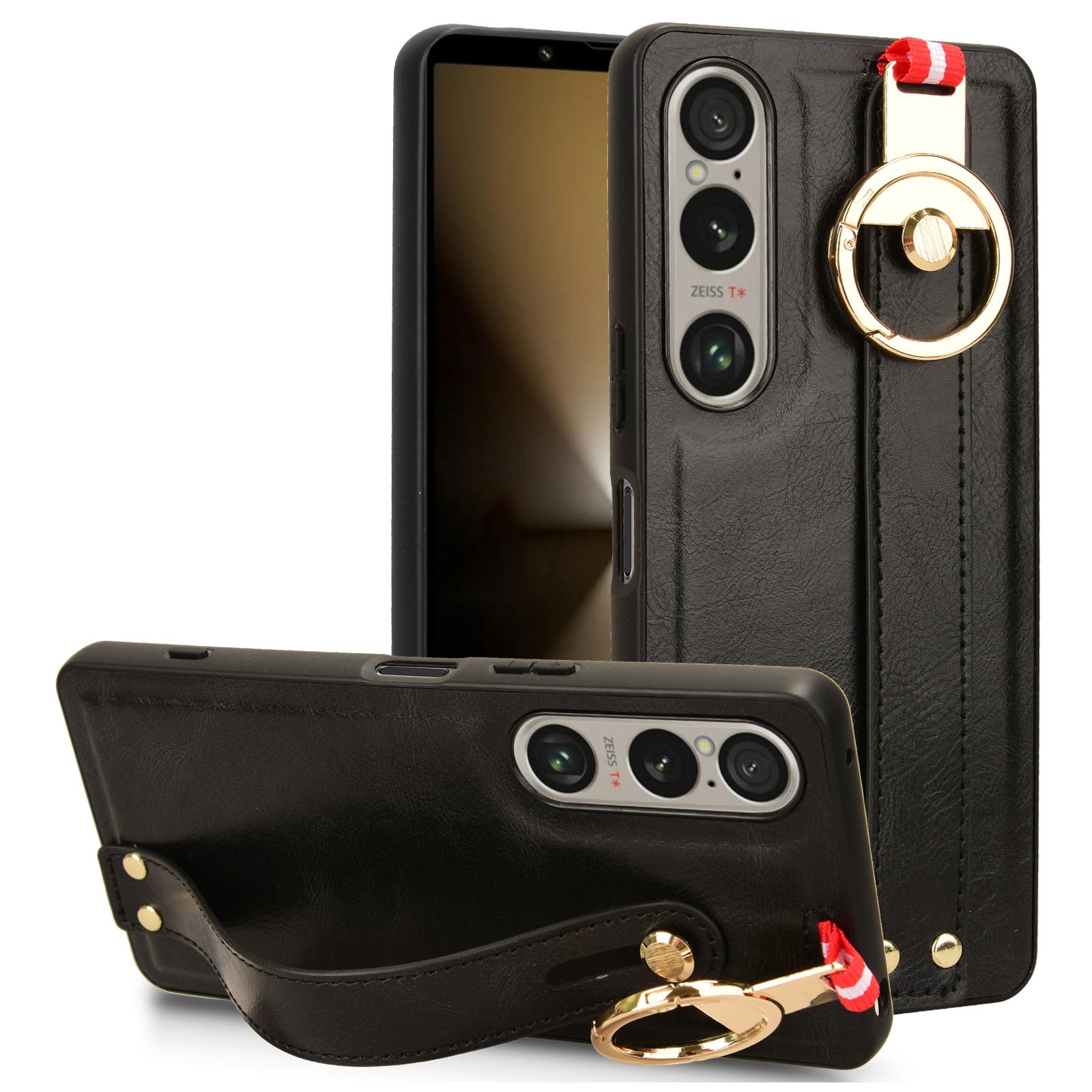 

For Sony Xperia 1 VI Case Wristband Finger Loop Leather Coated PC+TPU Phone Cover Black
