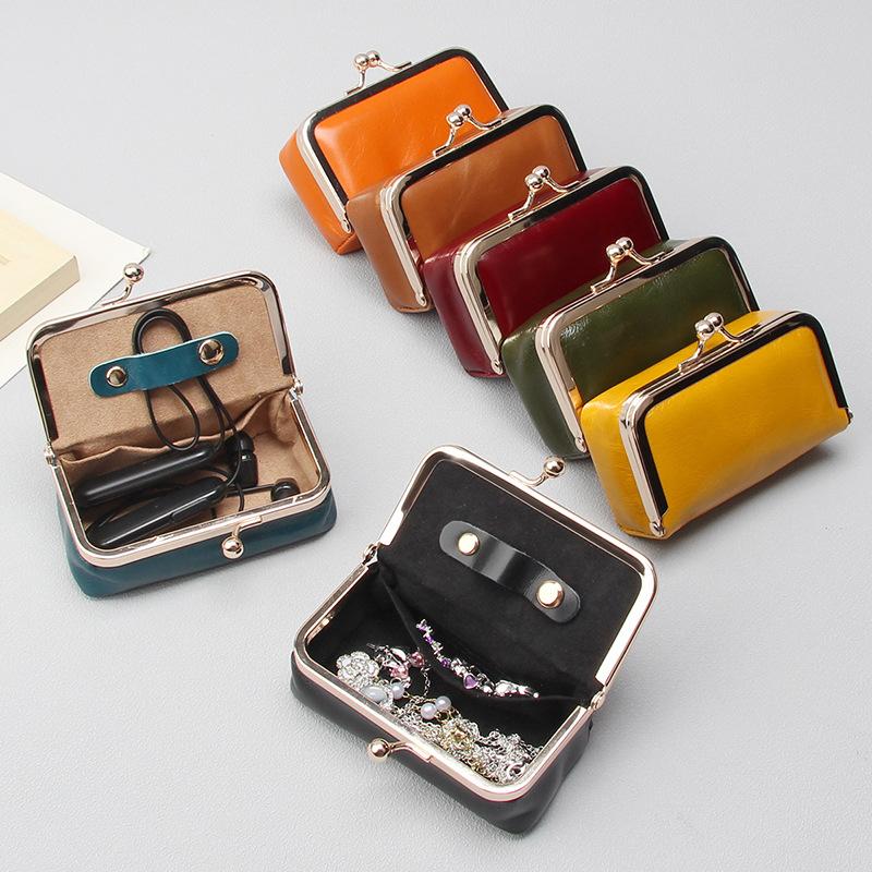 Compact Vintage Genuine Leather Kiss-Lock Mini Pouch Retro Style Multi-Color Cosmetic Bag for Small Accessories Brand Coin Purse