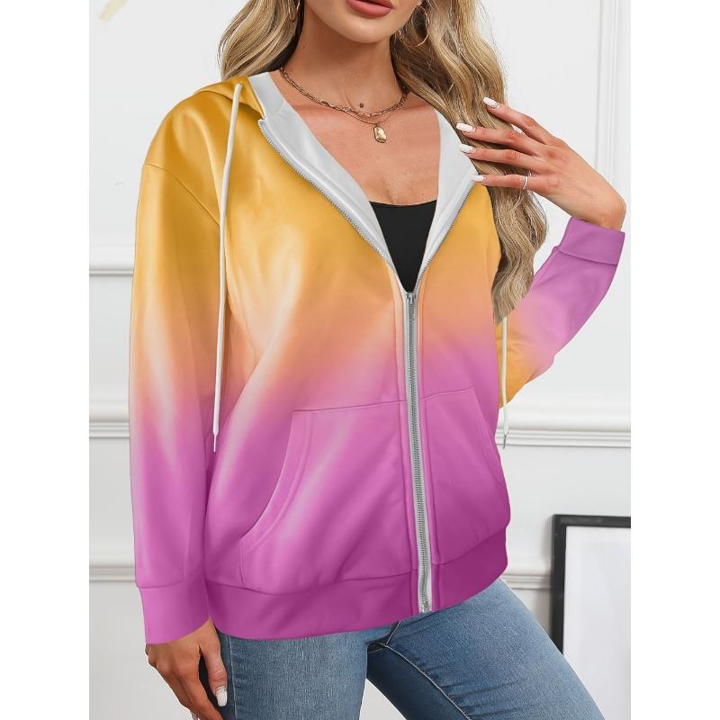 Woman Sweatshirts Simple Gradient Print Long Sleeves Zip Hoodie Autumn Casual Drawstring Design Fashion Women's Hoodie