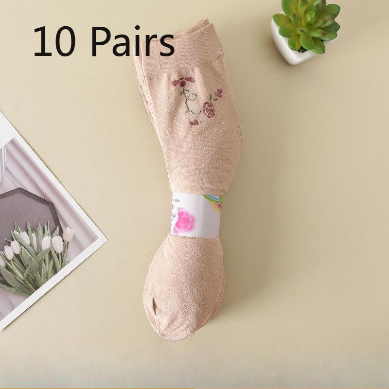 10 Pairs of Women's Summer Thin Old Jacquard Anti Hook Silk Loose Mouth Mid Aged Tube Socks