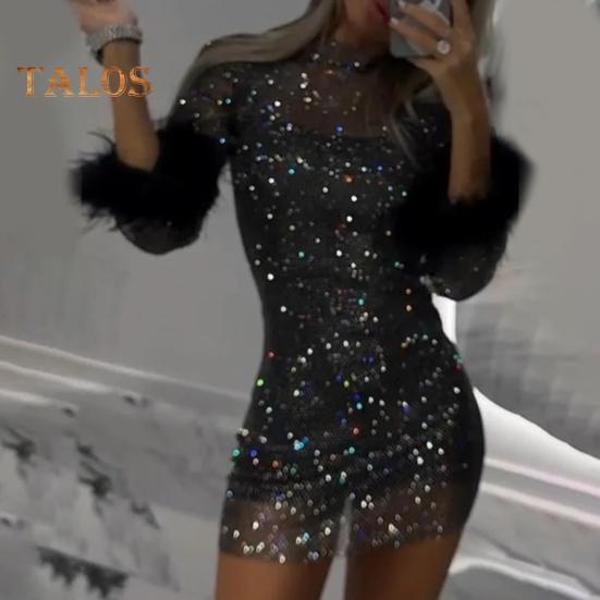 Lady Evening Dress Sequin Fluffy Faux Fur Decor Slim Fit Sheath Mini Dress Long Sleeves Mesh Prom Party Dress