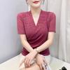 Streetwear Girl Summer Chic Beading Clothes Mesh T-Shirts Sexy V-neck Women's Tops New Casual Short Sleeve Tees