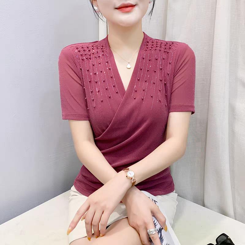 

Уличная мода Девушка Летний Шик Одежда с бисером Сетчатые футболки Сексуальные топы с V-образным вырезом Женские Новые Повседневные футболки с коротким рукавом 3XL розовый