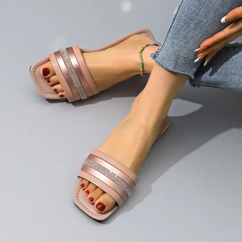 Ladies Shoes 2025 Outdoor Open Toe Women's Slippers Square Toe Plus Size Casual Slippers Women Bling Mixed Colors Flat Sandals