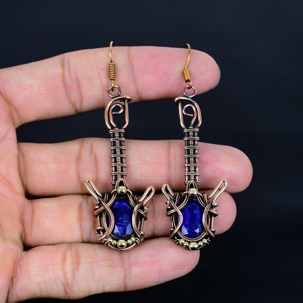 Blue Sapphire Earrings, Handmade Gemstone Earrings, 999 Copper Wire Wrapped Earrings Antique Jewelry, For Engagement Gift