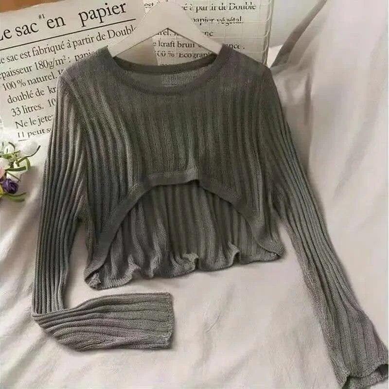 Long Sleeved Hollow Knit Sunscreen Blouse Slim Thin Pullover Women's Crop Top Simple Casual Commuting Spring Summer