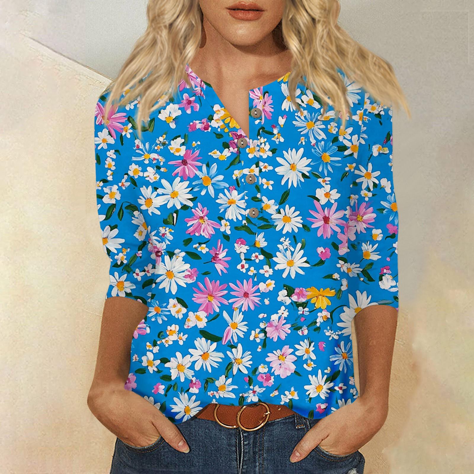 

Женский свободный повседневный топ с рукавом семь четвертей и цветочным принтом с круглым вырезом на пуговицах XL небесно-голубой