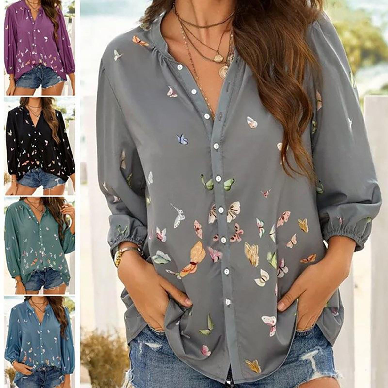 

Женская удобная повседневная рубашка с длинным рукавом и отворотом с принтом, осенний стиль