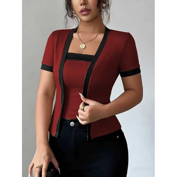 

2026 Summer New Hot Girl Style Two-Tone Short Sleeve Women s Knit Cardigan XXL темно-червоний колір