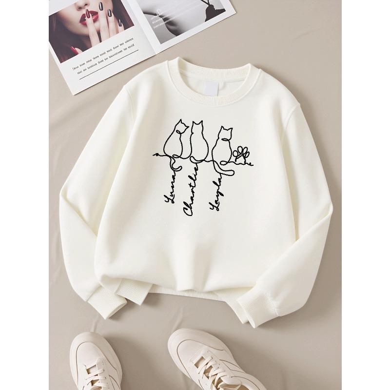 European sizes Girls Soft Crewneck Sweatshirt Three Cats Sitting On Branch with Names, Casual All-Match for Fall Winter, Ideal Present.
