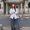 Kumikumi Women's Slim-Fit Long-Sleeve Polo Collar White Shirt for Spring