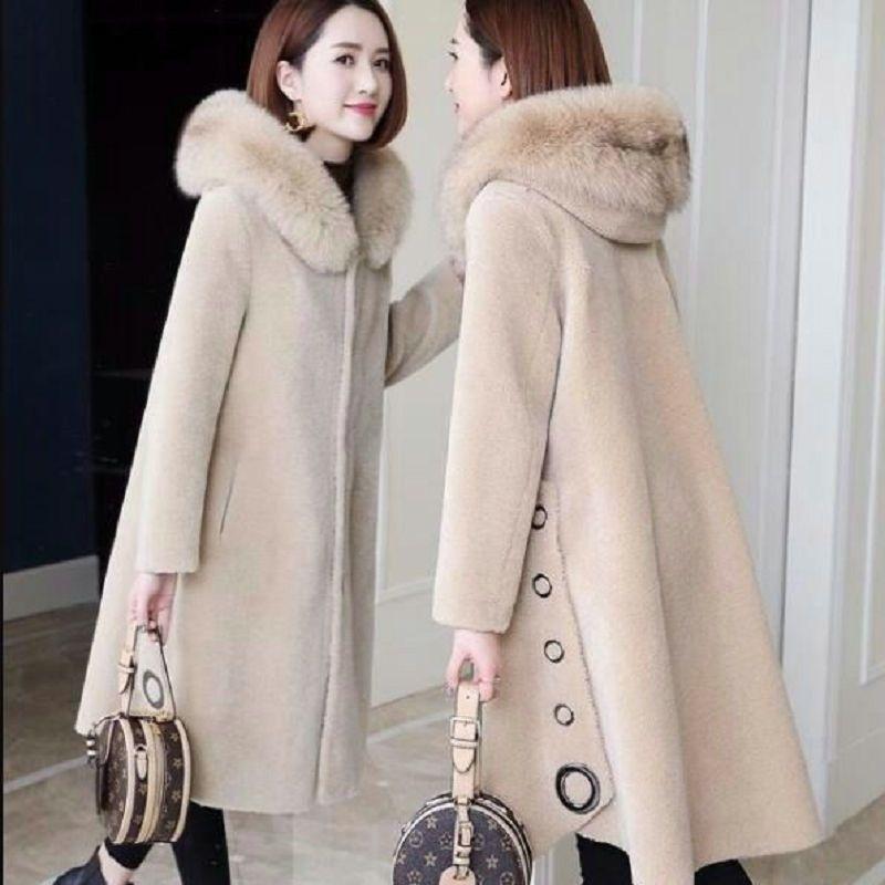 Granular Sheep Shearing Coat Women's Medium and Long Winter Imitation Fox Fur Hooded Integrated Imitation Fur Coat