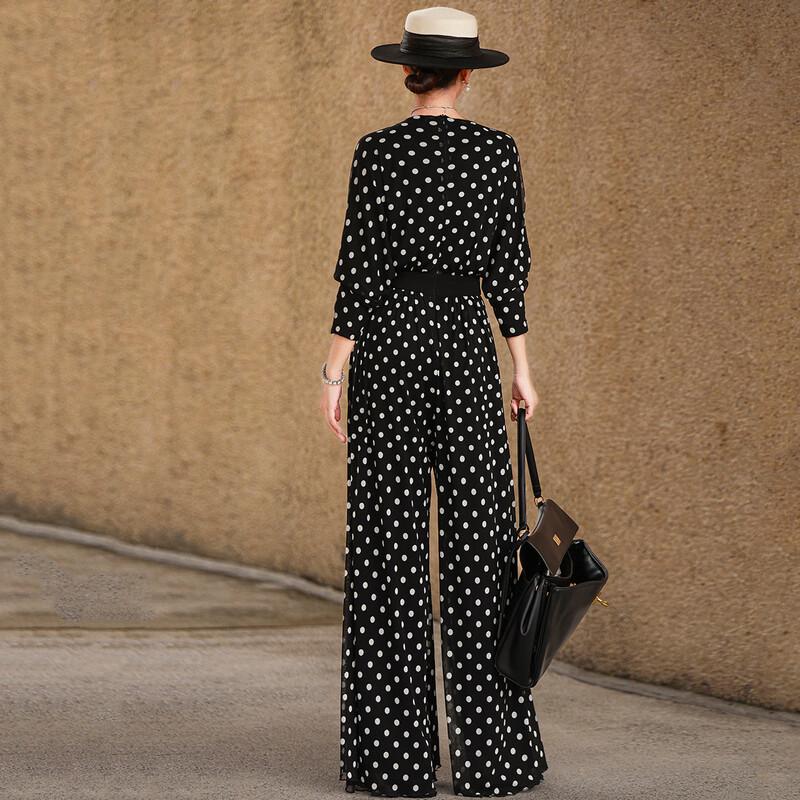French Vintage Polka Dot V-Neck Wide-Leg Jumpsuit