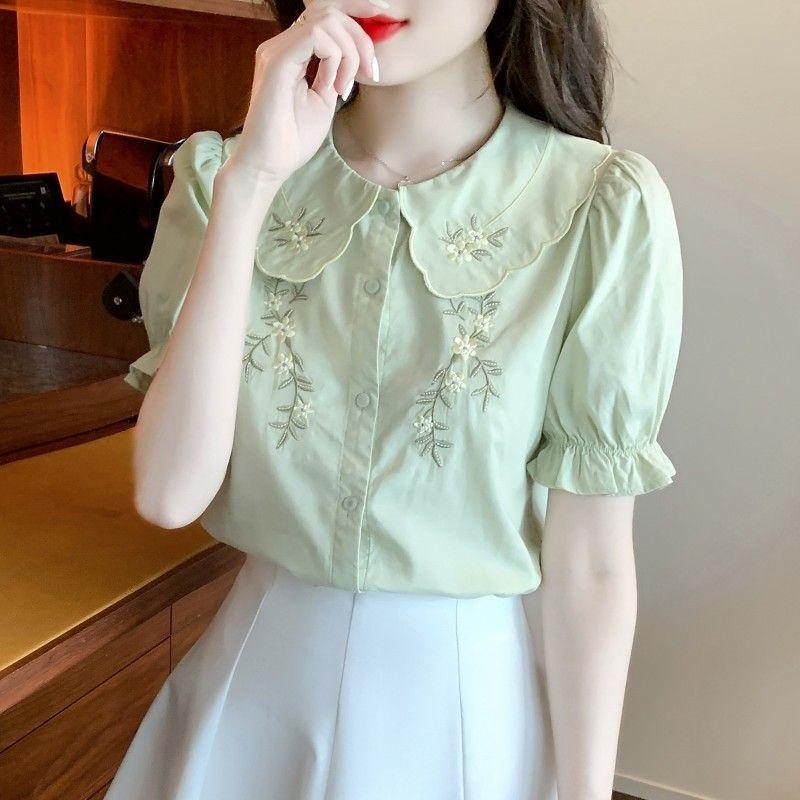 Women's Peter Pan Collar Blouse Short Puff Sleeve Floral Embroidery Casual Top Shirt