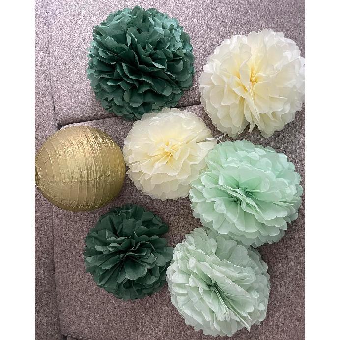 Mint Sage Green Party Decorations - Hanging Decors for Baby Bridal Wedding Shower Birthday Background with Paper Lanterns and Tissue Pom poms Gold