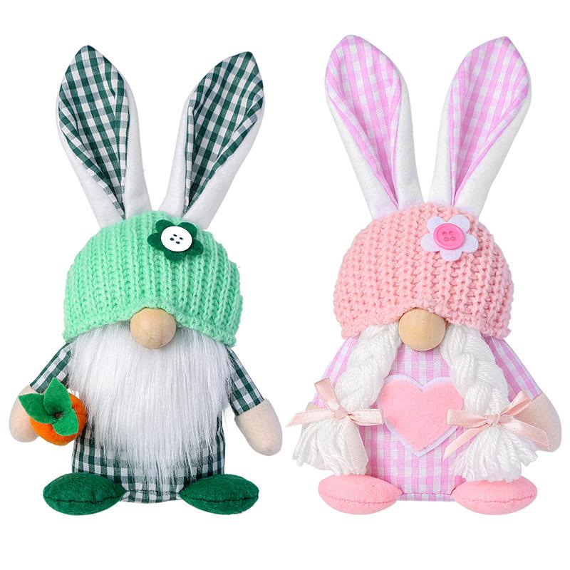 Zhongran Easter Plaid Rabbit Ear Doll Prop Ornament Faceless Elderly Couple Doll Ornament