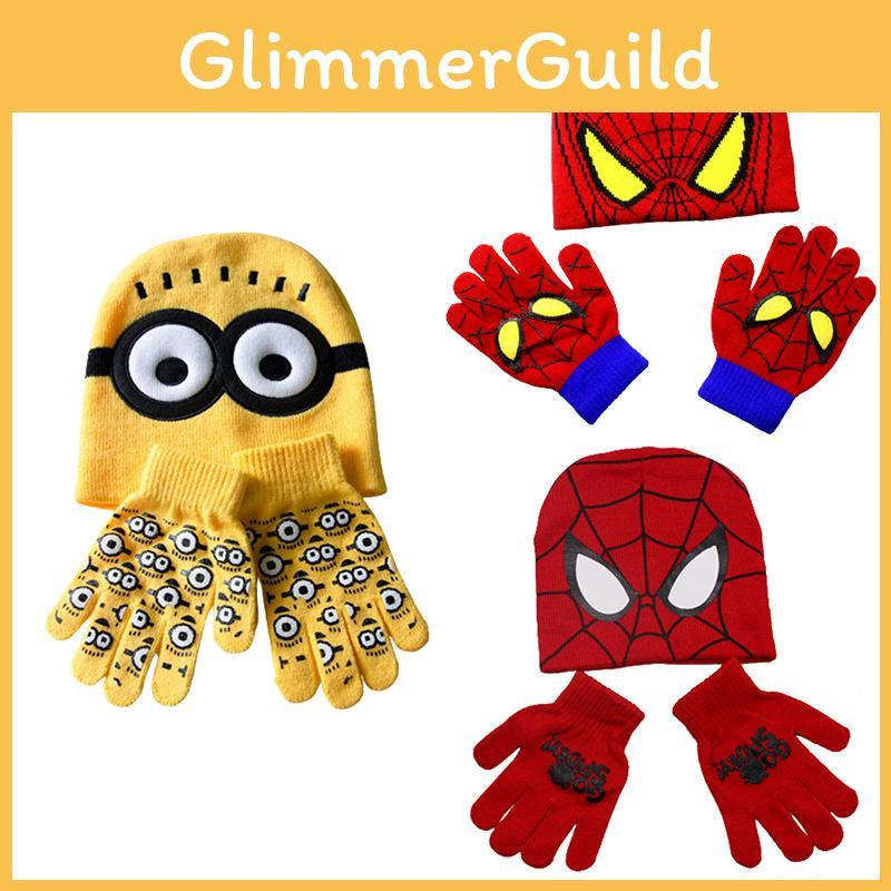 Minions Spiderman Children Cartoon Knitted Hat Gloves Winter Warm Suit Years 16