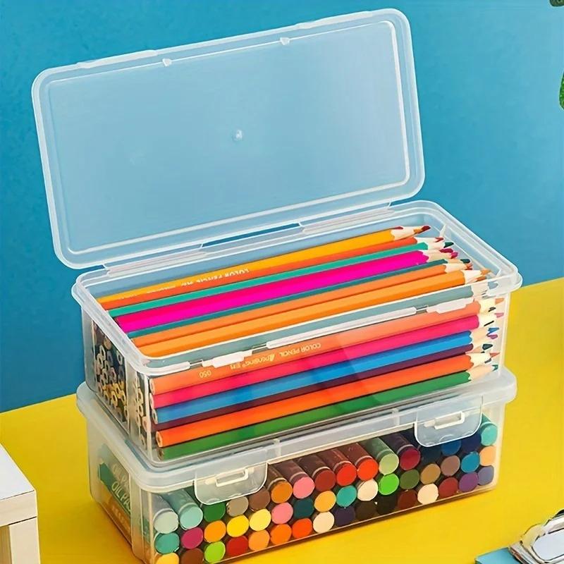 Non-Toxic 2Pcs Large Capacity Transparent Plastic Pencil Boxes Portable Tension Mount Storage Organizer For Oil Pastels Crayons