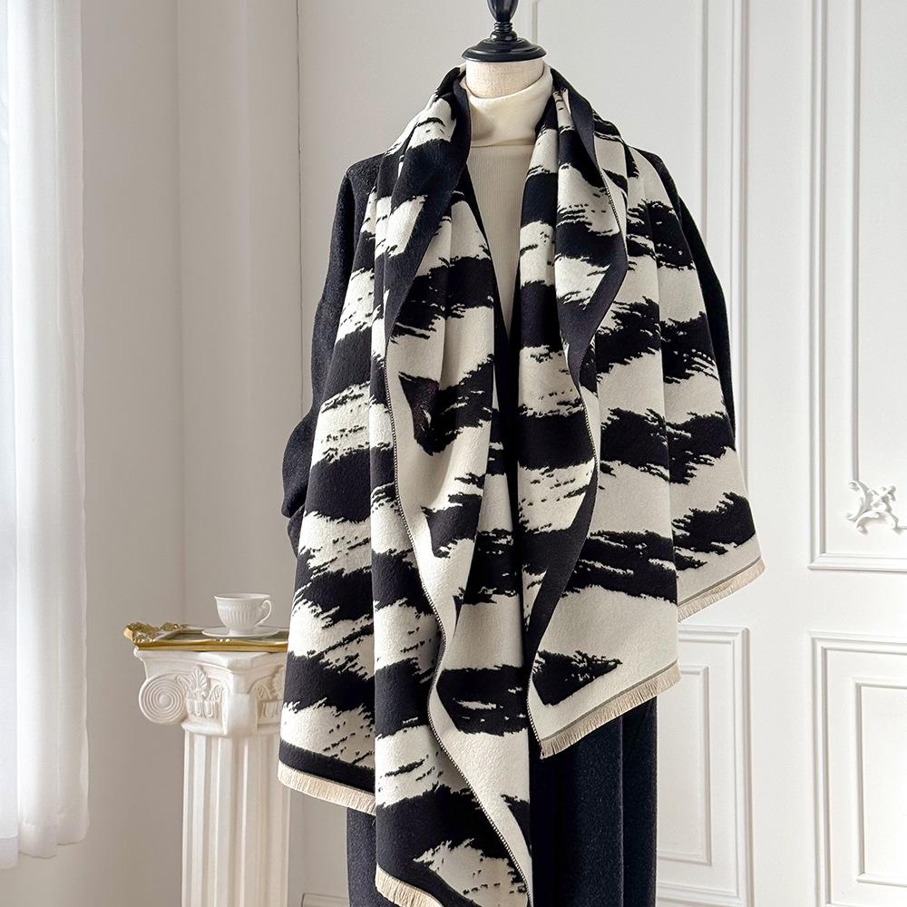 Black and White Striped Shawl, Double-sided Imitation Cashmere Scarf, Elegant Temperament Cloak, Thickened Thermal Air-conditioned Room Blanket
