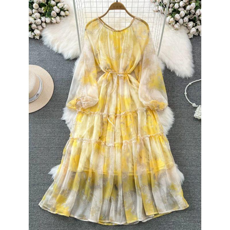 Gentle Long Sleeves Tie Dye Wide Hem Printed Dress